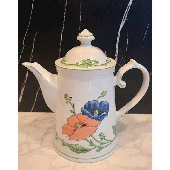 Villeroy & Boch Amapola Teapot Peach Blue Poppy Flowers White 40oz Germany 8.5" - Picture 1 of 13